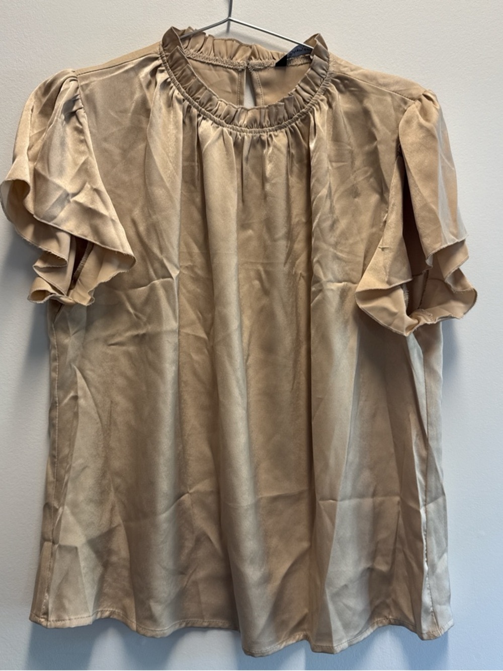 Satin Ruffle Sleeve Blouse - Beige